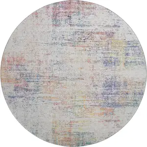 Photo of 8' Ivory Blue And Gold Abstract Washable Round Rug With UV Protection