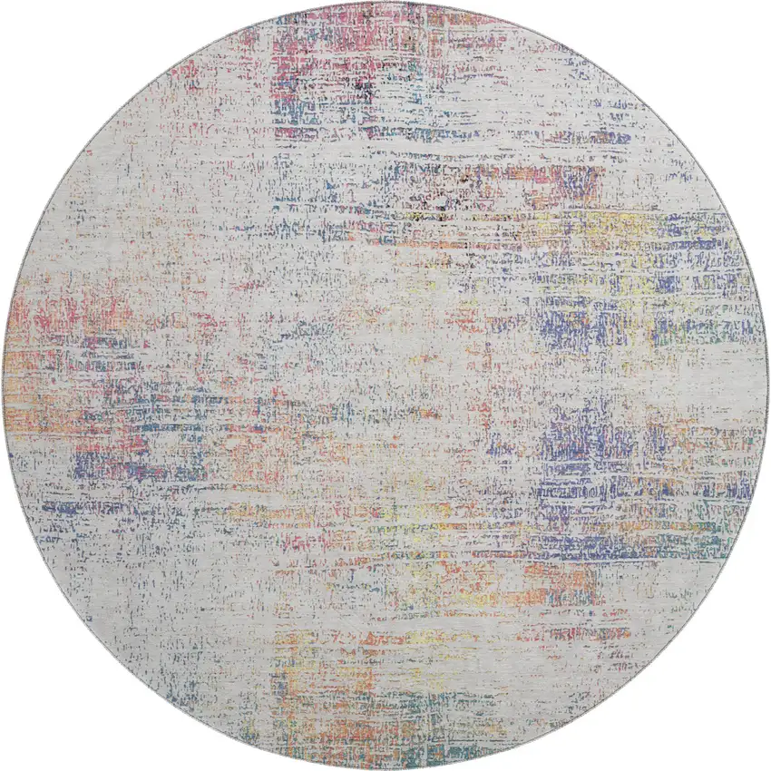 8' Ivory Blue And Gold Abstract Washable Round Rug With UV Protection Photo 1