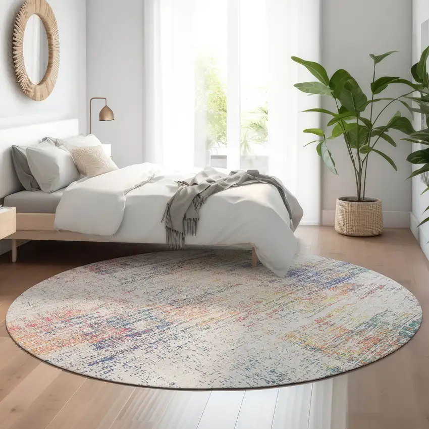 8' Ivory Blue And Gold Abstract Washable Round Rug With UV Protection Photo 5