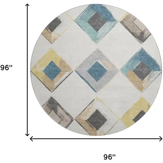 8' Ivory Blue And Gold Geometric Washable Round Rug With UV Protection Photo 9