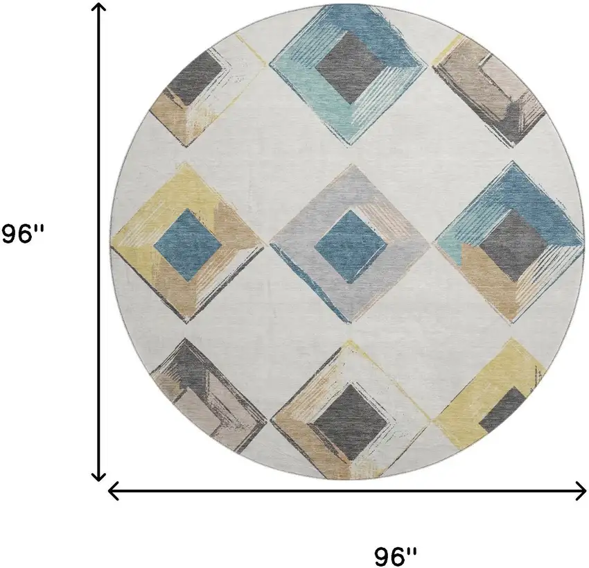 8' Ivory Blue And Gold Geometric Washable Round Rug With UV Protection Photo 9