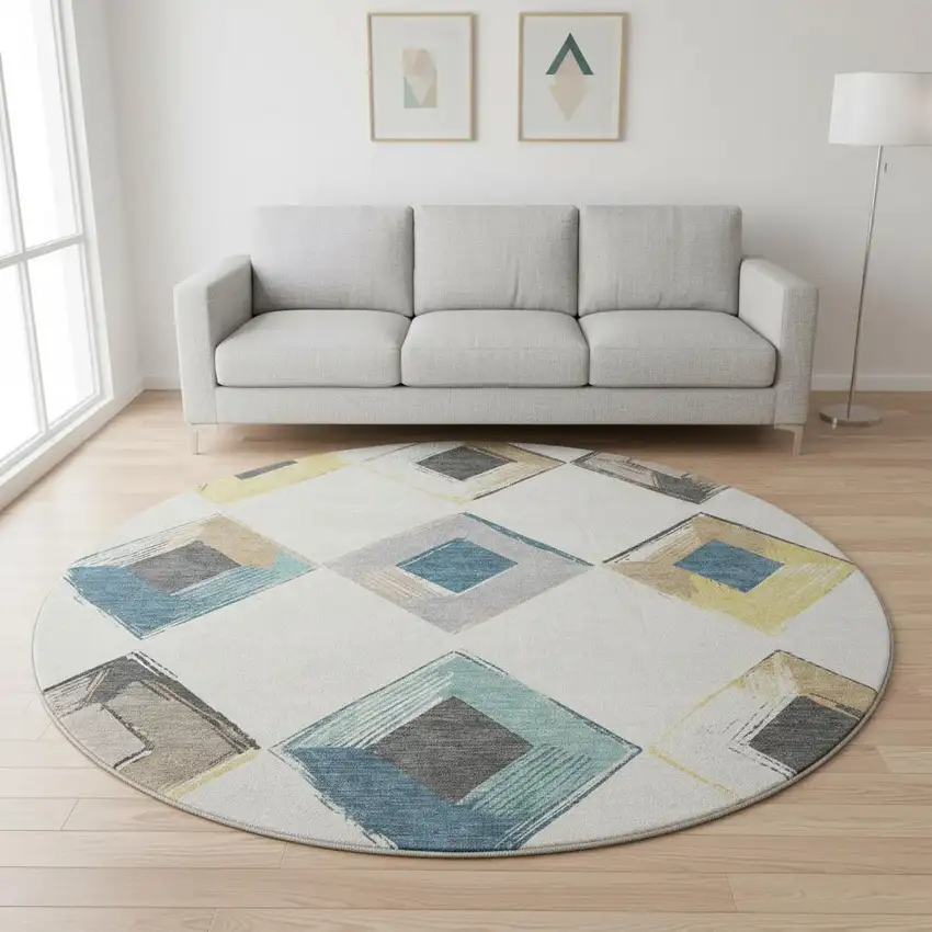 8' Ivory Blue And Gold Geometric Washable Round Rug With UV Protection Photo 2