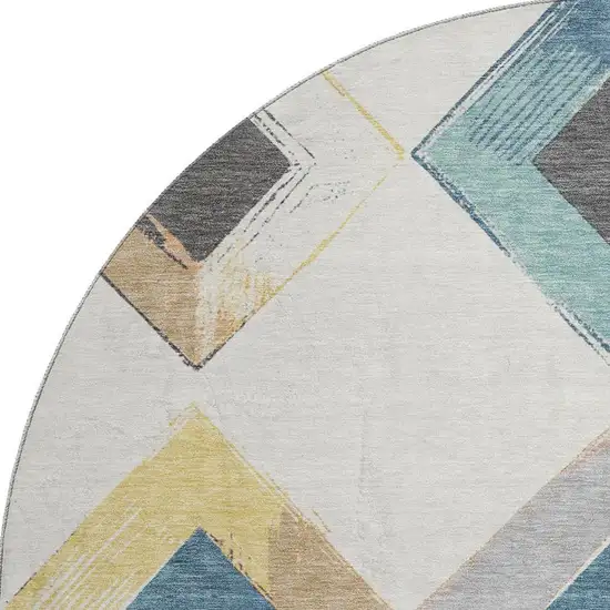 8' Ivory Blue And Gold Geometric Washable Round Rug With UV Protection Photo 3