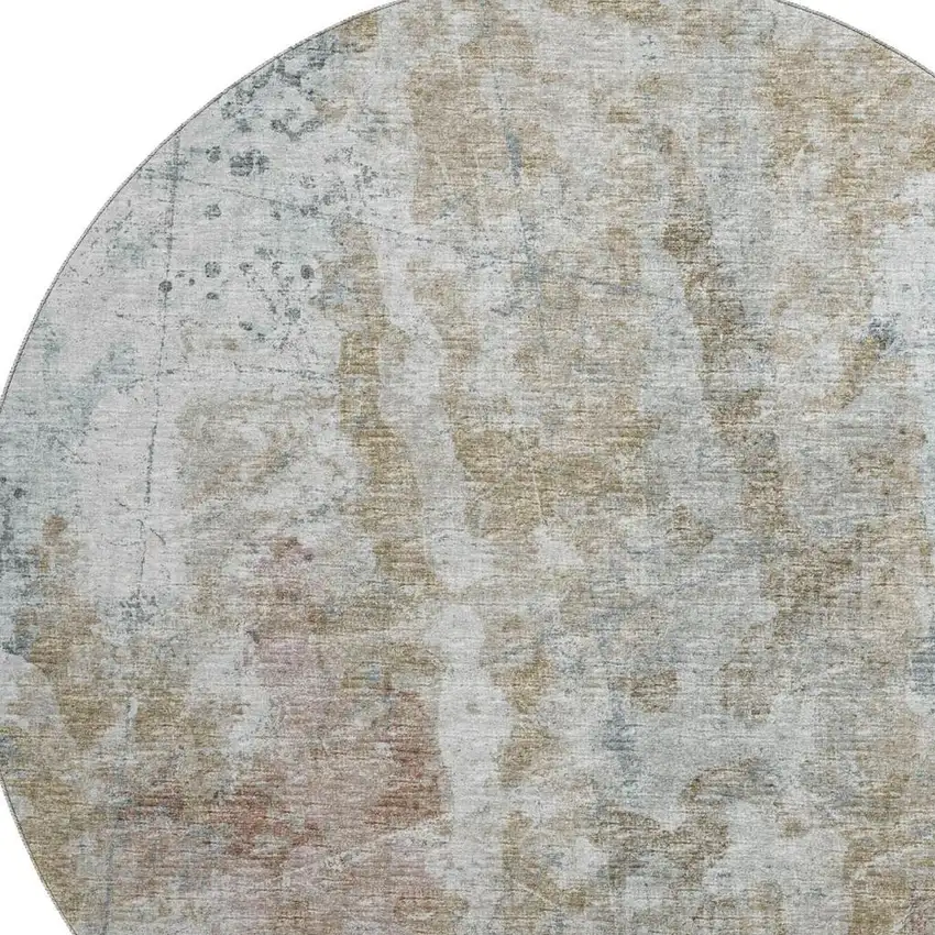 8' Ivory Blue And Gold Round Abstract Washable Indoor Outdoor Area Rug Photo 5