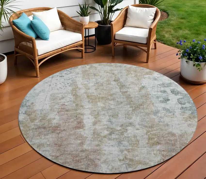 8' Ivory Blue And Gold Round Abstract Washable Indoor Outdoor Area Rug Photo 1