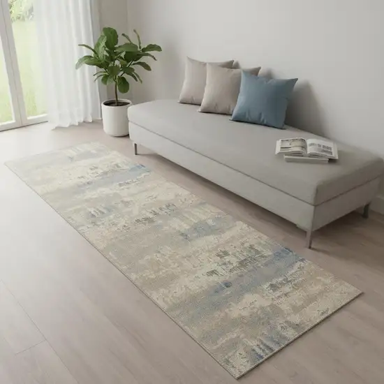 7' Ivory Blue And Gray Abstract Distressed Runner Rug Photo 1