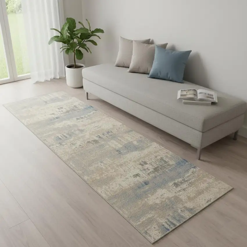 7' Ivory Blue And Gray Abstract Distressed Runner Rug Photo 1