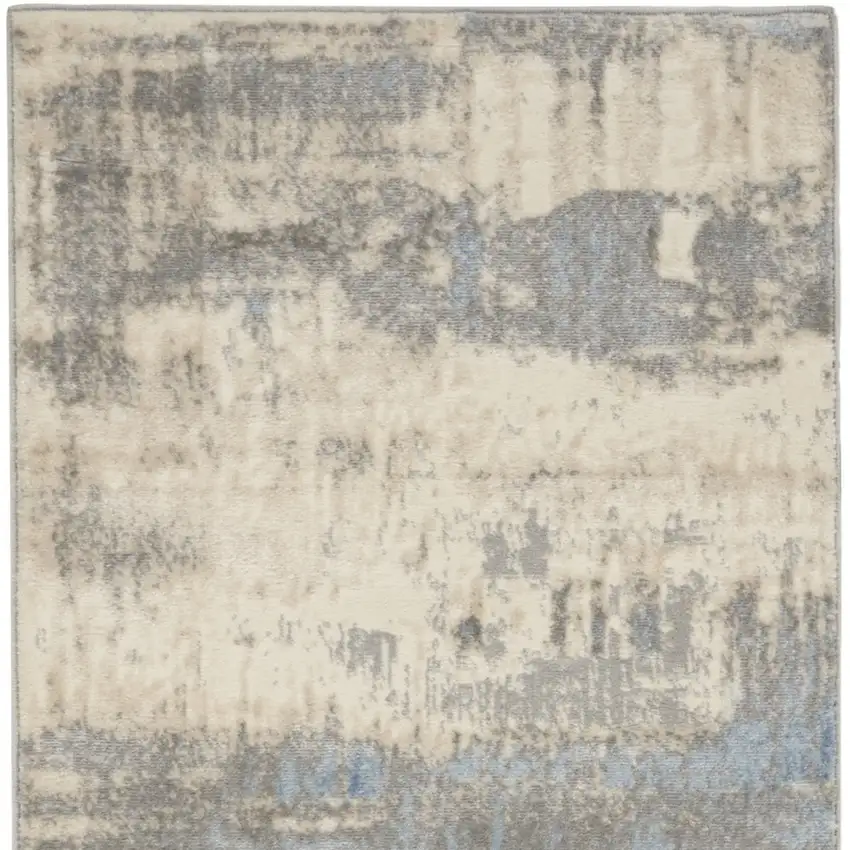 7' Ivory Blue And Gray Abstract Distressed Runner Rug Photo 7