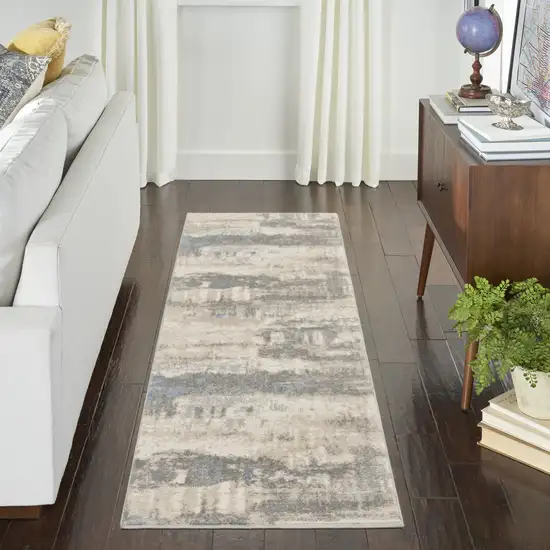 7' Ivory Blue And Gray Abstract Distressed Runner Rug Photo 4