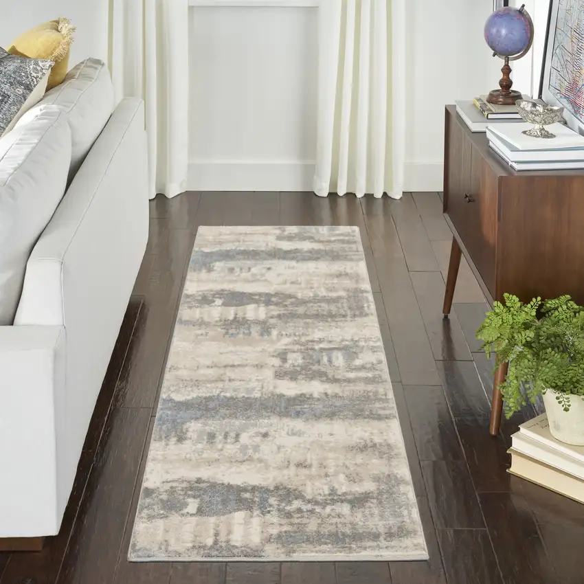7' Ivory Blue And Gray Abstract Distressed Runner Rug Photo 4