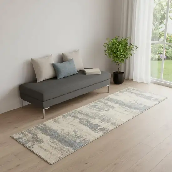 7' Ivory Blue And Gray Abstract Distressed Runner Rug Photo 1