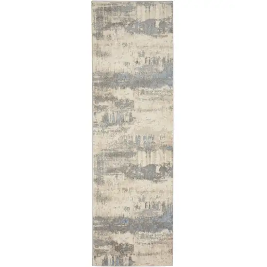 7' Ivory Blue And Gray Abstract Distressed Runner Rug Photo 5