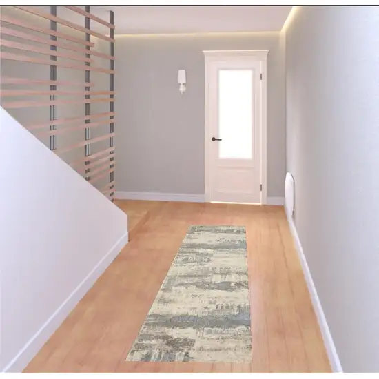 7' Ivory Blue And Gray Abstract Distressed Runner Rug Photo 1