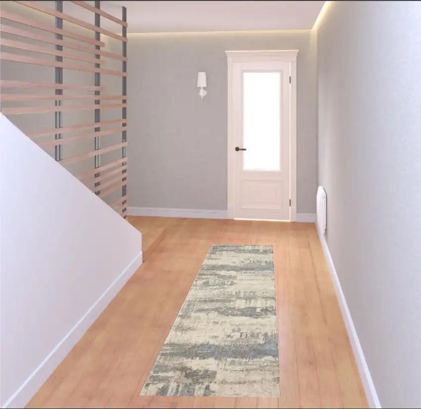 7' Ivory Blue And Gray Abstract Distressed Runner Rug Photo 1