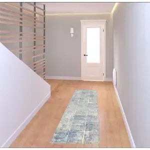 Photo of 7' Ivory Blue And Gray Abstract Distressed Runner Rug