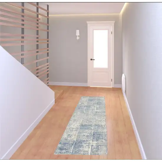 7' Ivory Blue And Gray Abstract Distressed Runner Rug Photo 1