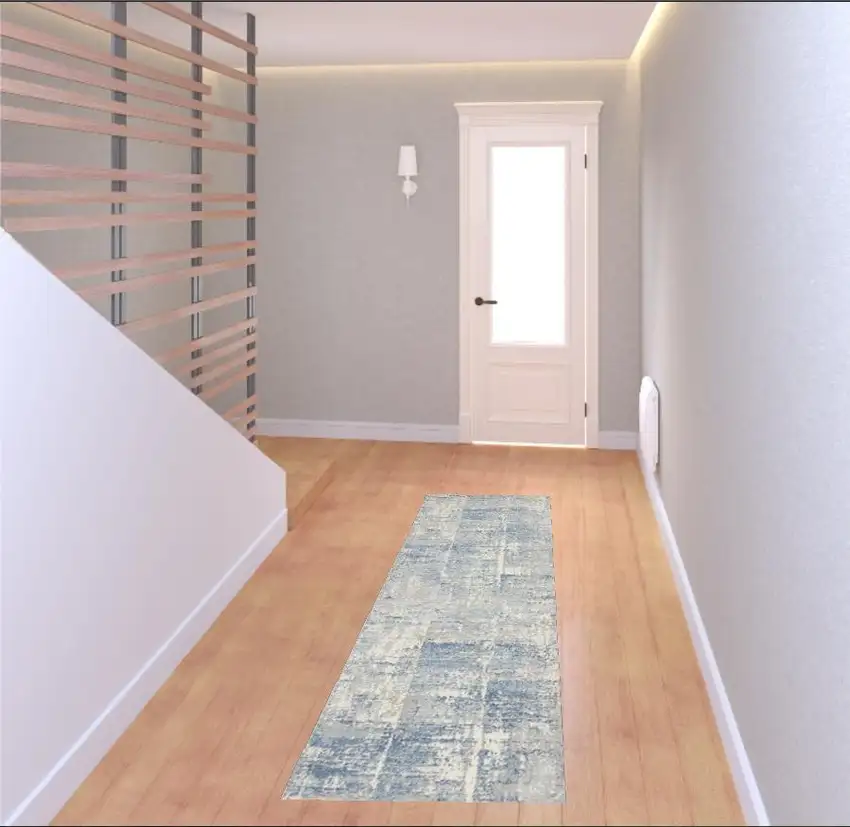 7' Ivory Blue And Gray Abstract Distressed Runner Rug Photo 1