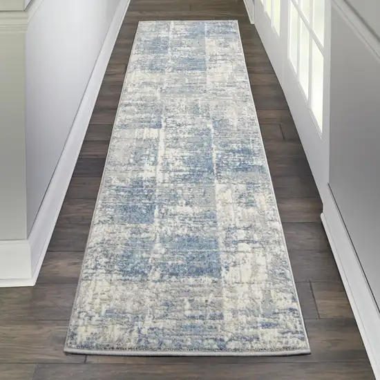 7' Ivory Blue And Gray Abstract Distressed Runner Rug Photo 5