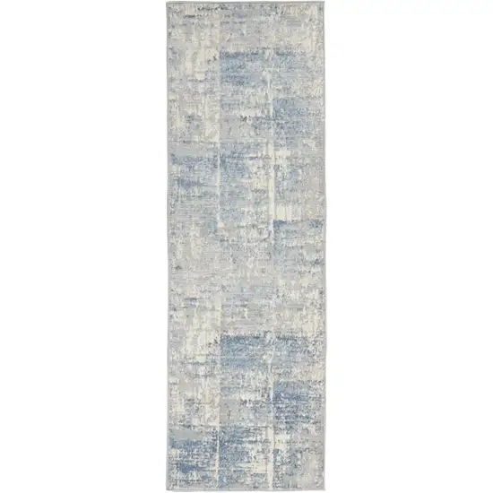 7' Ivory Blue And Gray Abstract Distressed Runner Rug Photo 2