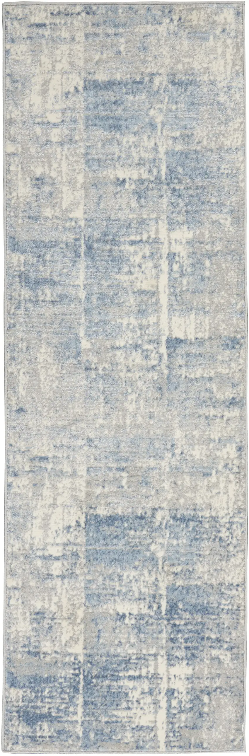 7' Ivory Blue And Gray Abstract Distressed Runner Rug Photo 2