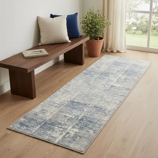 7' Ivory Blue And Gray Abstract Distressed Runner Rug Photo 1