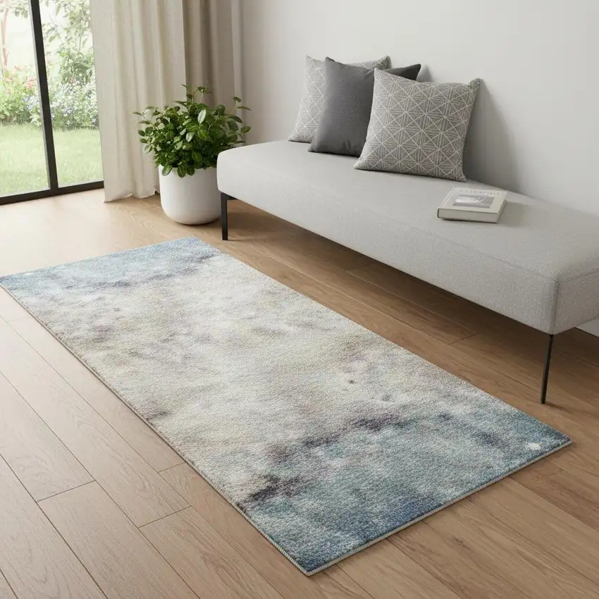 7' Ivory Blue And Gray Abstract Distressed Runner Rug Photo 1