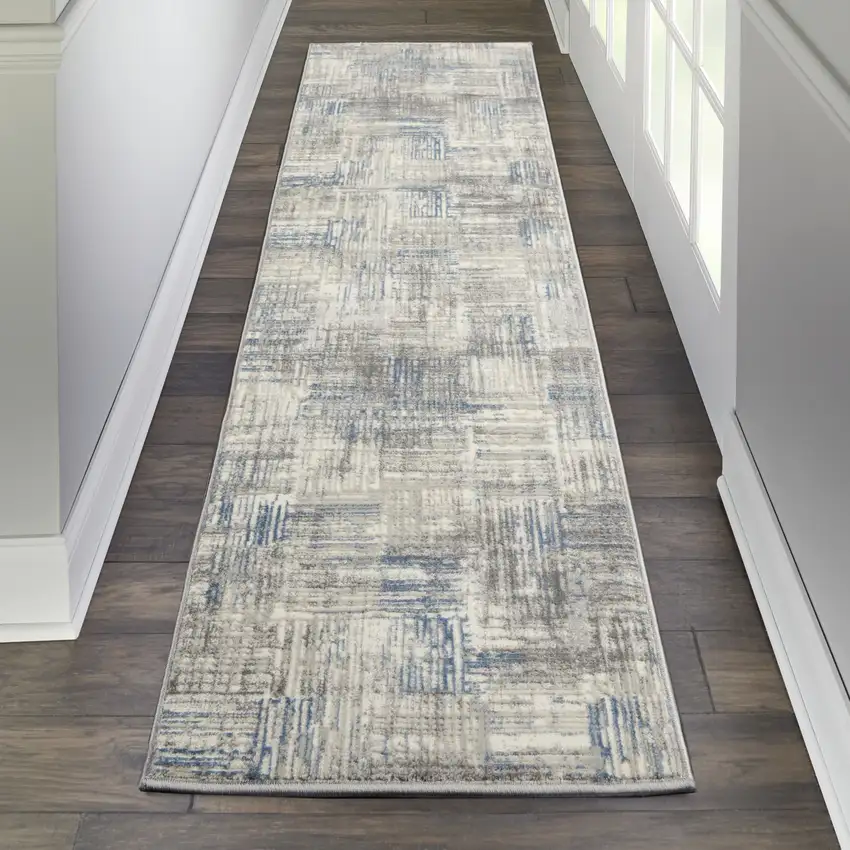 7' Ivory Blue And Gray Abstract Distressed Runner Rug Photo 5