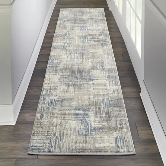 7' Ivory Blue And Gray Abstract Distressed Runner Rug Photo 5