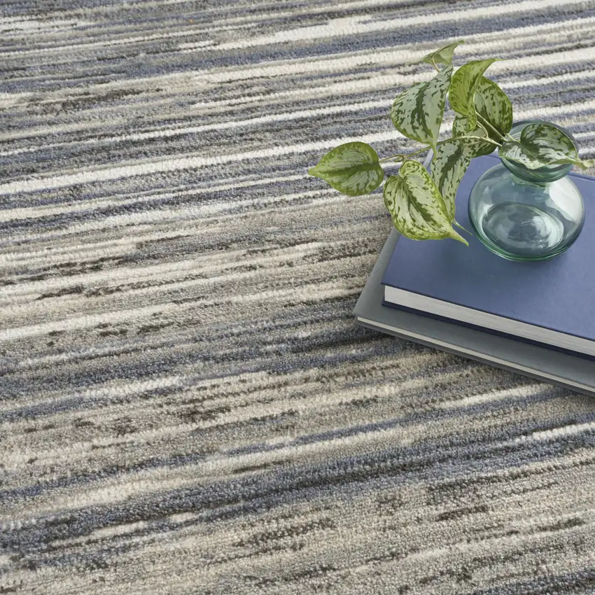 8' Ivory Blue And Gray Abstract Distressed Runner Rug Photo 6