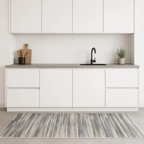 8' Ivory Blue And Gray Abstract Distressed Runner Rug Photo 1