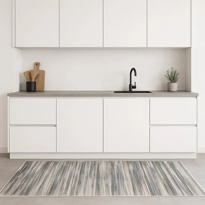 8' Ivory Blue And Gray Abstract Distressed Runner Rug Photo 1