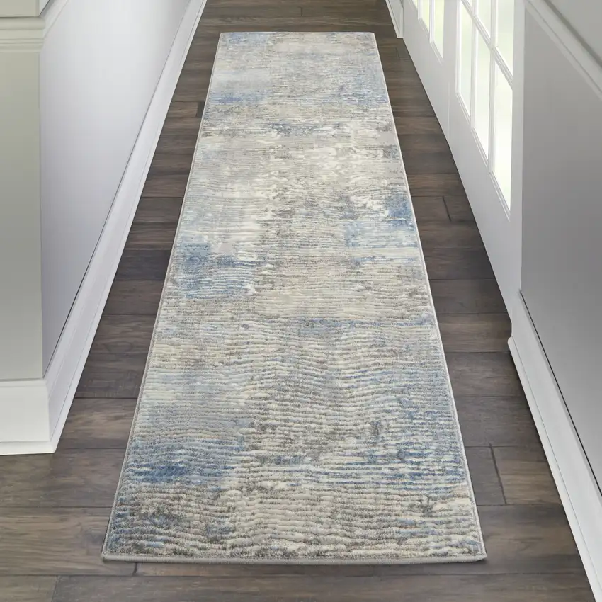 7' Ivory Blue And Gray Abstract Distressed Runner Rug Photo 4