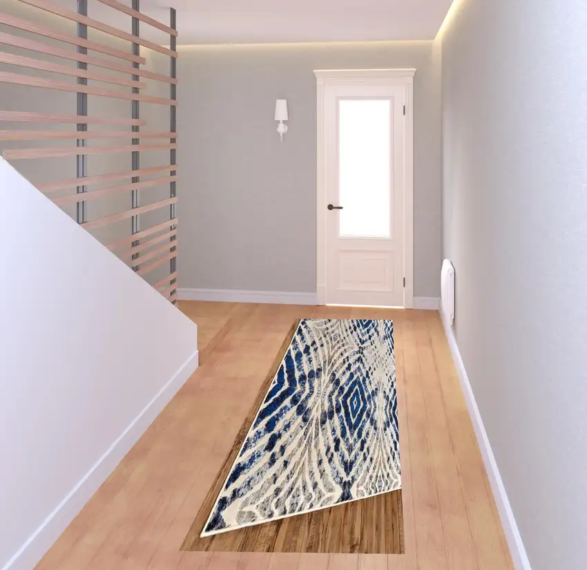 8' Ivory Blue And Gray Abstract Distressed Stain Resistant Runner Rug Photo 2