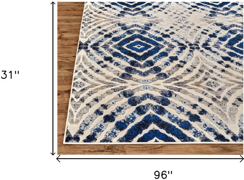 8' Ivory Blue And Gray Abstract Distressed Stain Resistant Runner Rug Photo 7