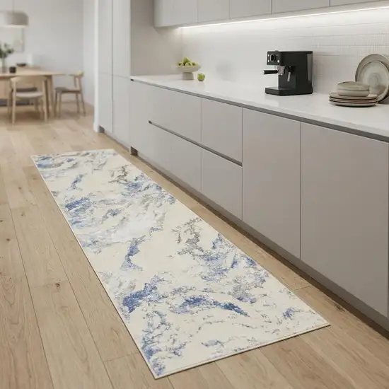8' Ivory Blue And Gray Abstract Non Skid Runner Rug Photo 1