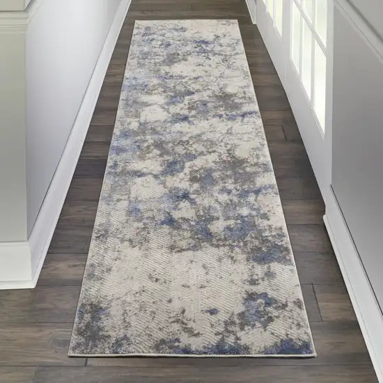 8' Ivory Blue And Gray Abstract Non Skid Runner Rug Photo 4