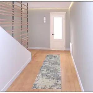 Photo of 8' Ivory Blue And Gray Abstract Non Skid Runner Rug