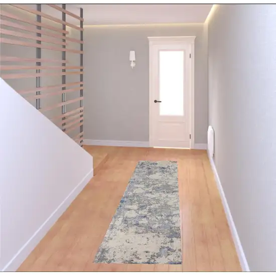 8' Ivory Blue And Gray Abstract Non Skid Runner Rug Photo 1