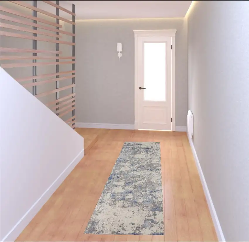 8' Ivory Blue And Gray Abstract Non Skid Runner Rug Photo 1