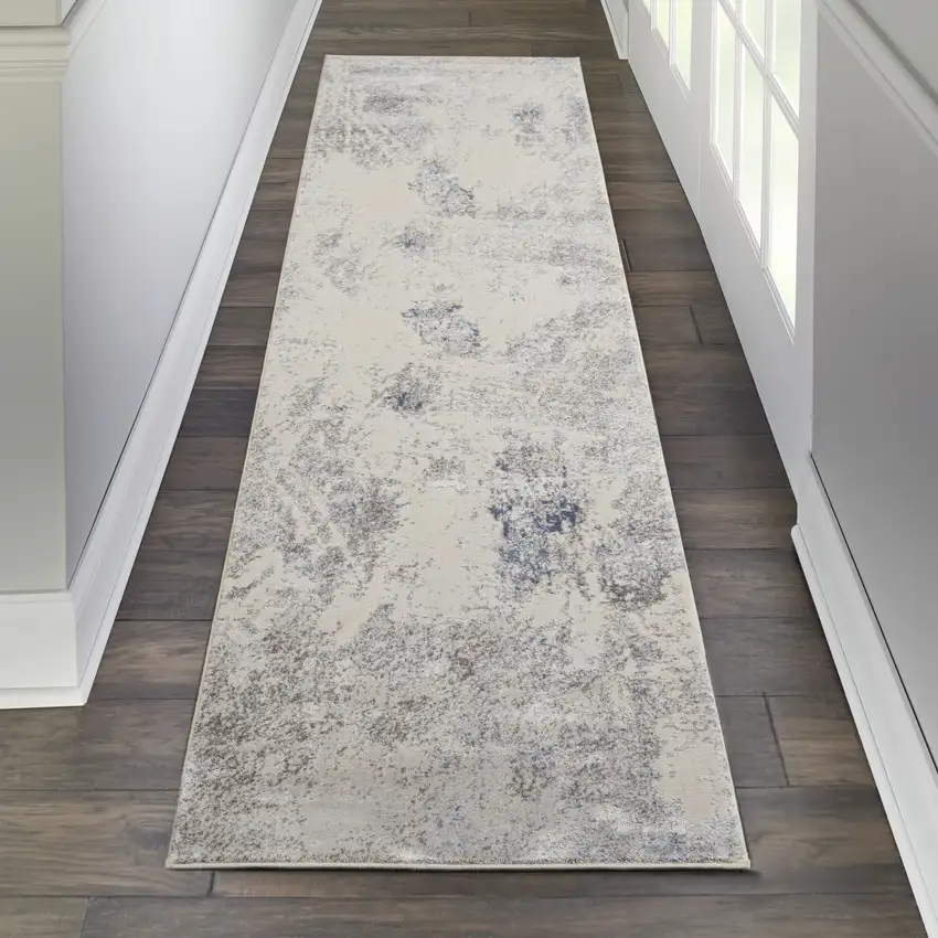 8' Ivory Blue And Gray Abstract Non Skid Runner Rug Photo 4