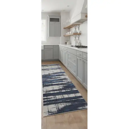 8' Ivory Blue And Gray Abstract Power Loom Distressed Runner Rug Photo 1
