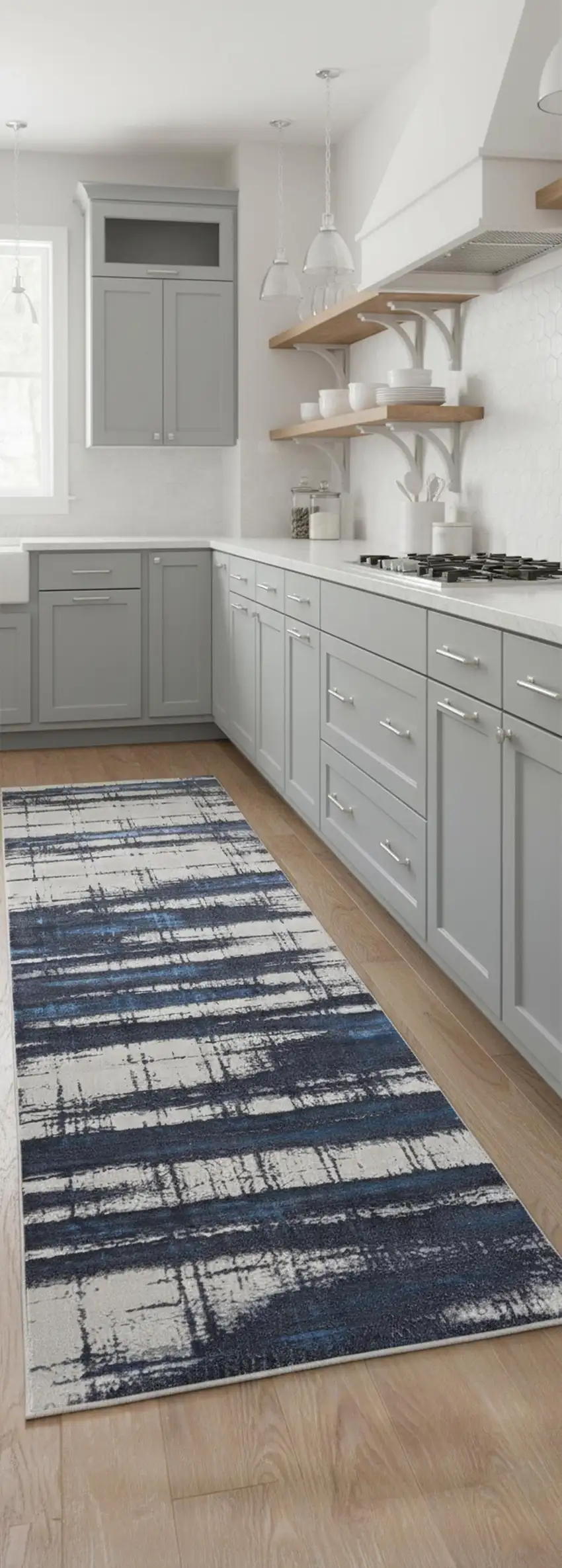 8' Ivory Blue And Gray Abstract Power Loom Distressed Runner Rug Photo 1