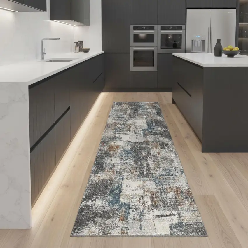 8' Ivory Blue And Gray Abstract Runner Rug Photo 1