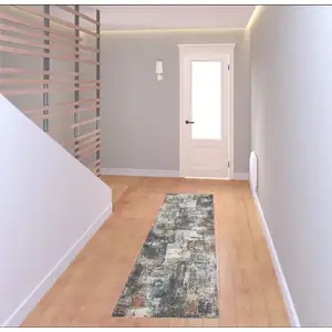 Photo of 8' Ivory Blue And Gray Abstract Runner Rug