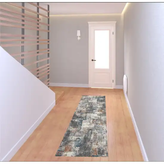 8' Ivory Blue And Gray Abstract Runner Rug Photo 1