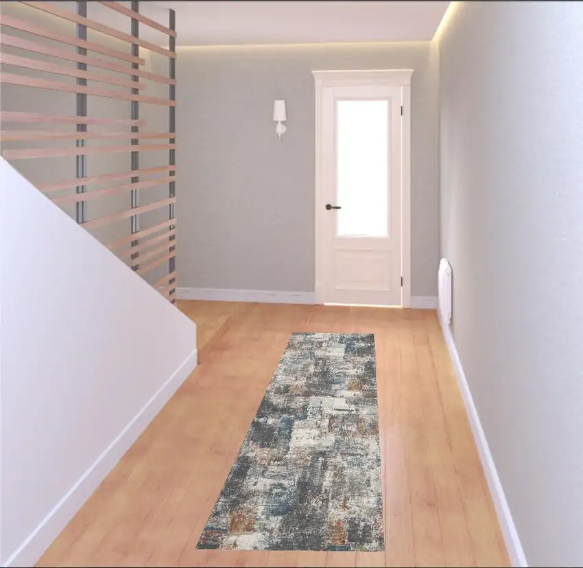 8' Ivory Blue And Gray Abstract Runner Rug Photo 1