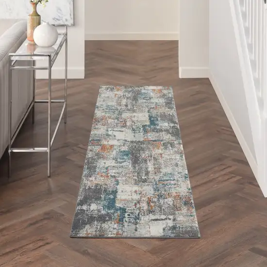 8' Ivory Blue And Gray Abstract Runner Rug Photo 4