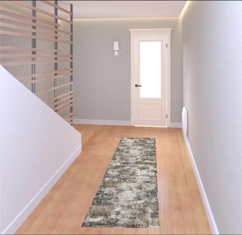 8' Ivory Blue And Gray Abstract Runner Rug Photo 1