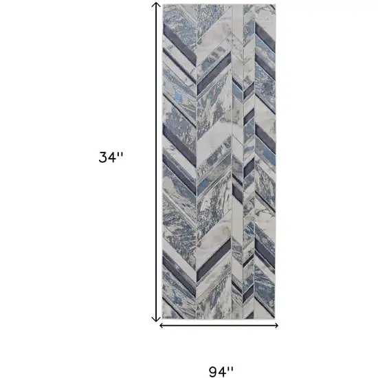 8' Ivory Blue And Gray Chevron Power Loom Distressed Runner Rug Photo 7