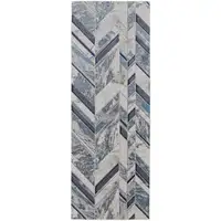 Photo of 8' Ivory Blue And Gray Chevron Power Loom Distressed Runner Rug